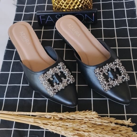 Sandal Flatshoes Wanita Synthetic Hak Tahu 3cm Trendi Casual Formal Hitam Cream marin
