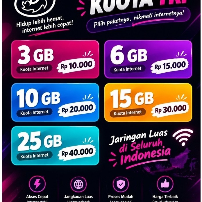 Paket Data TRI - Kuota Utama 30 Hari, Masa Aktif Hingga 30 Hari, Akses Internet Cepat