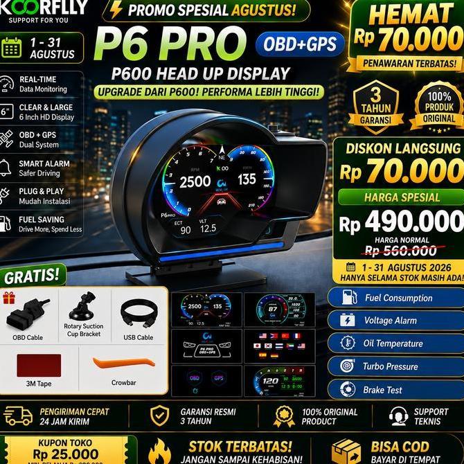 P6 PRO HUD Mobil OBD2 + GPS Dual System | Monitor RPM, Suhu Mesin & Turbo Boost | Hapus Error Code |