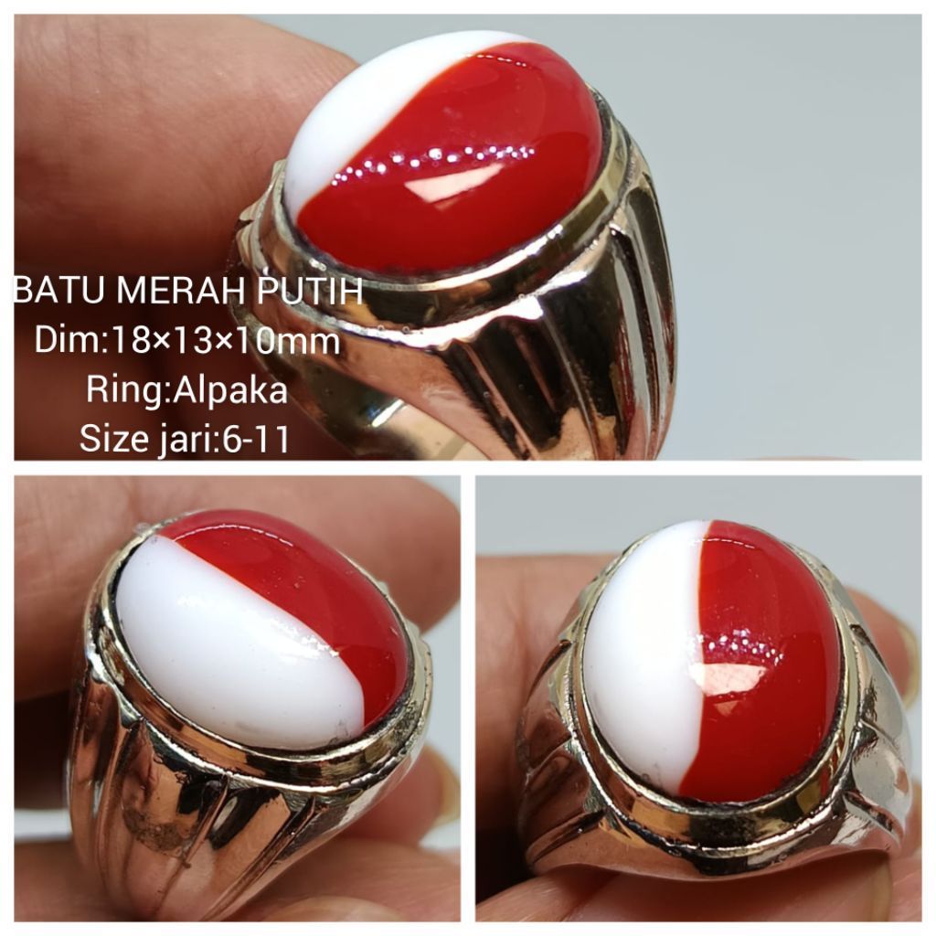Cincin Batu Akik Asli Merah Putih Dim batu 18×13×10 mm Ring Alpaka Size jari 6-11