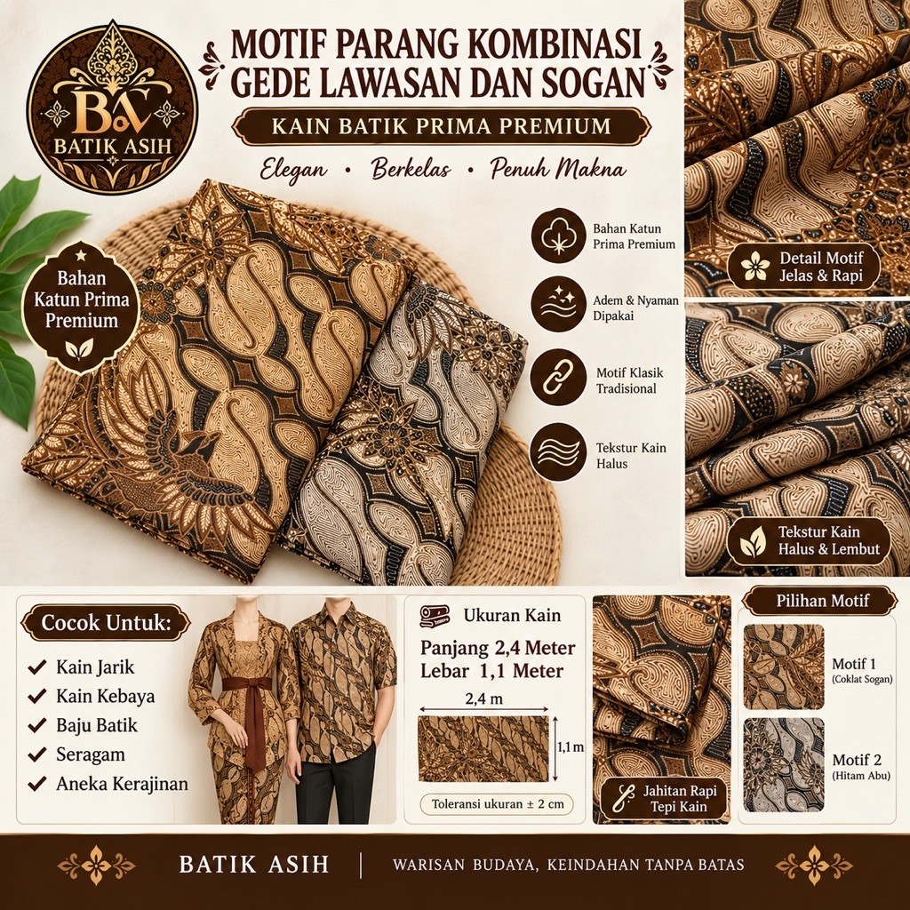 MOTIF PAARANG KOMBINASI GEDE LAWASAN DAN SOGAN KAIN BATIK PRIMA PREMIUM PANJANG 2.4 M LEBAR 1.1 M