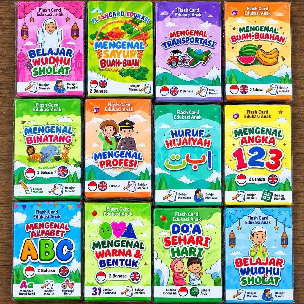 Flashcard Edukasi Anak Sholat Wudhu, Doa, Hijaiyah, Alfabet, Angka
