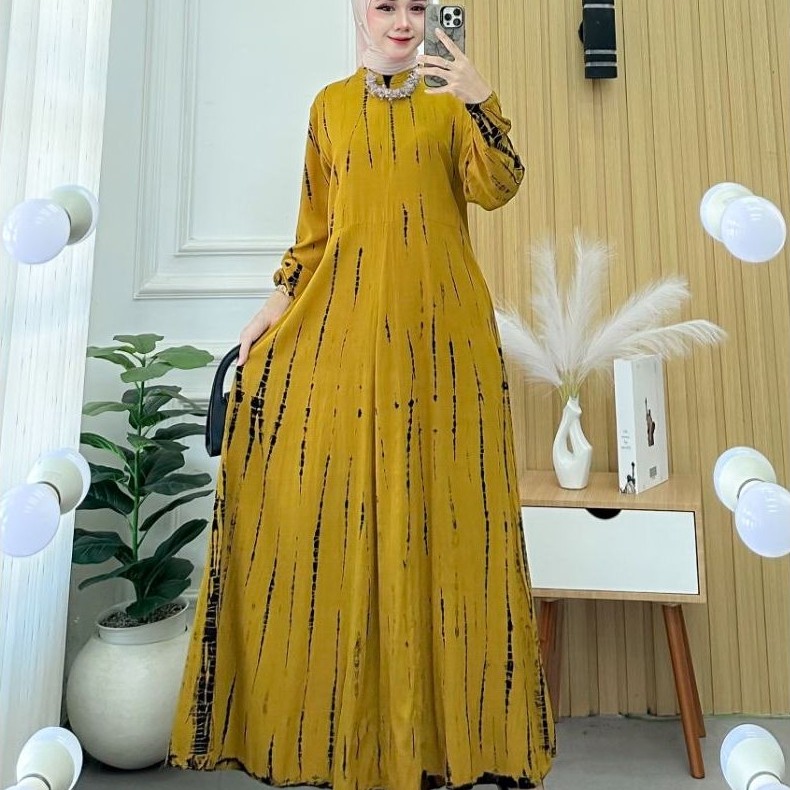 Gamis Rayon Twill Motif Jumputan Salur Gamis Simple Elegan murah Jumbo Resleting depan Motif Marin