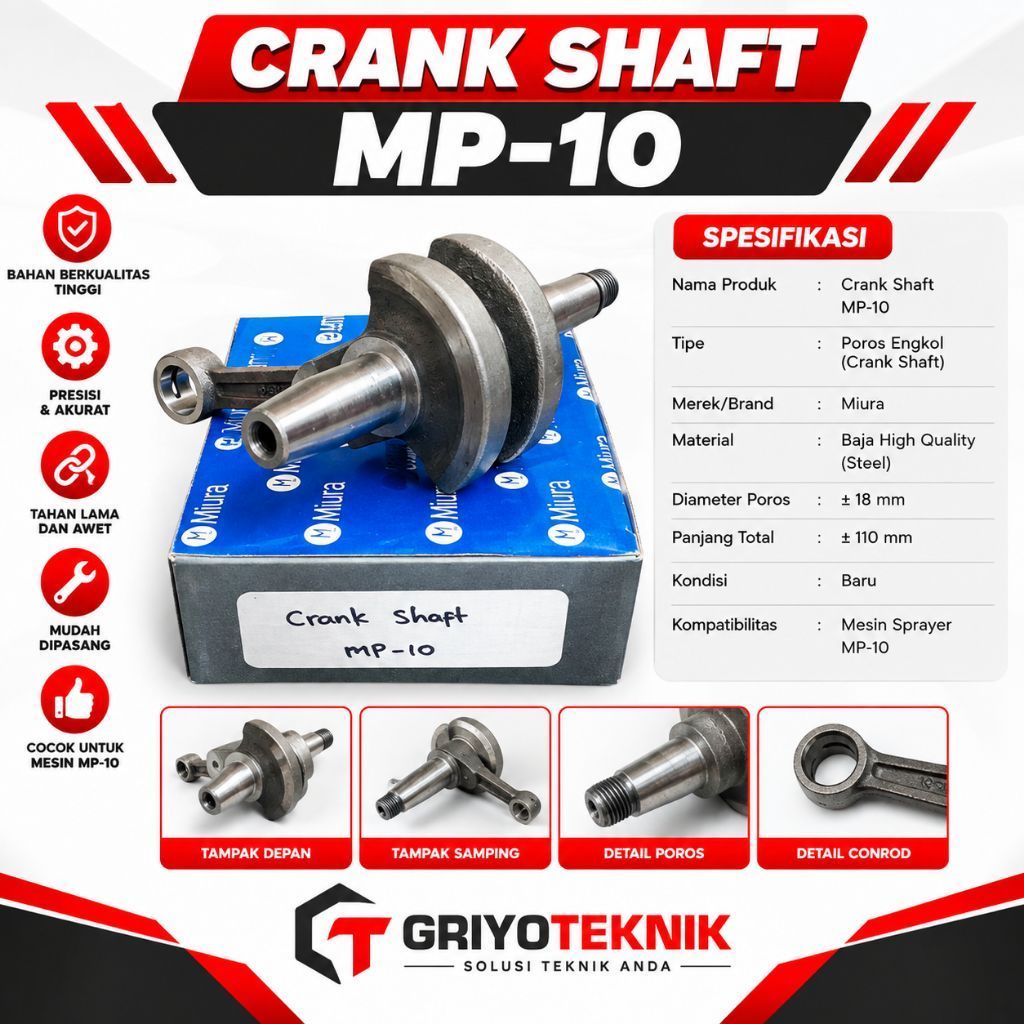 Crank Shaft MP-10 Miura Poros Engkol Mesin Sprayer MP10 Crankshaft Baja