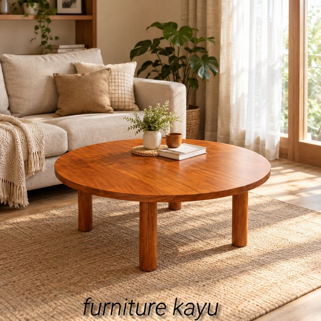 Meja Bundar Meja Lesehan Kayu Mahoni Minimalis