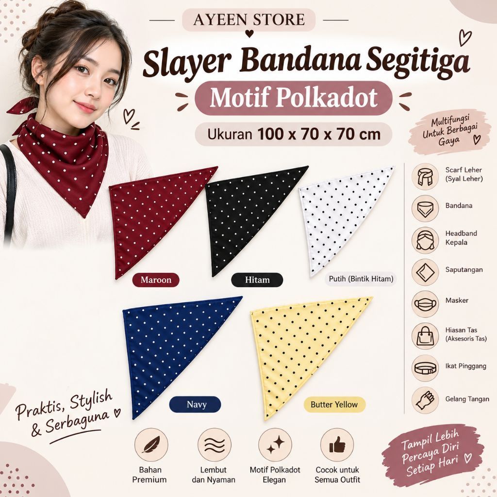 SCRAF LEHER SEGITIGA MOTIF POLKADOT UKURAN 100X70X70 CM BAHAN WOLFIS PREMIUM/HEADBAND KEPALA SKENA K