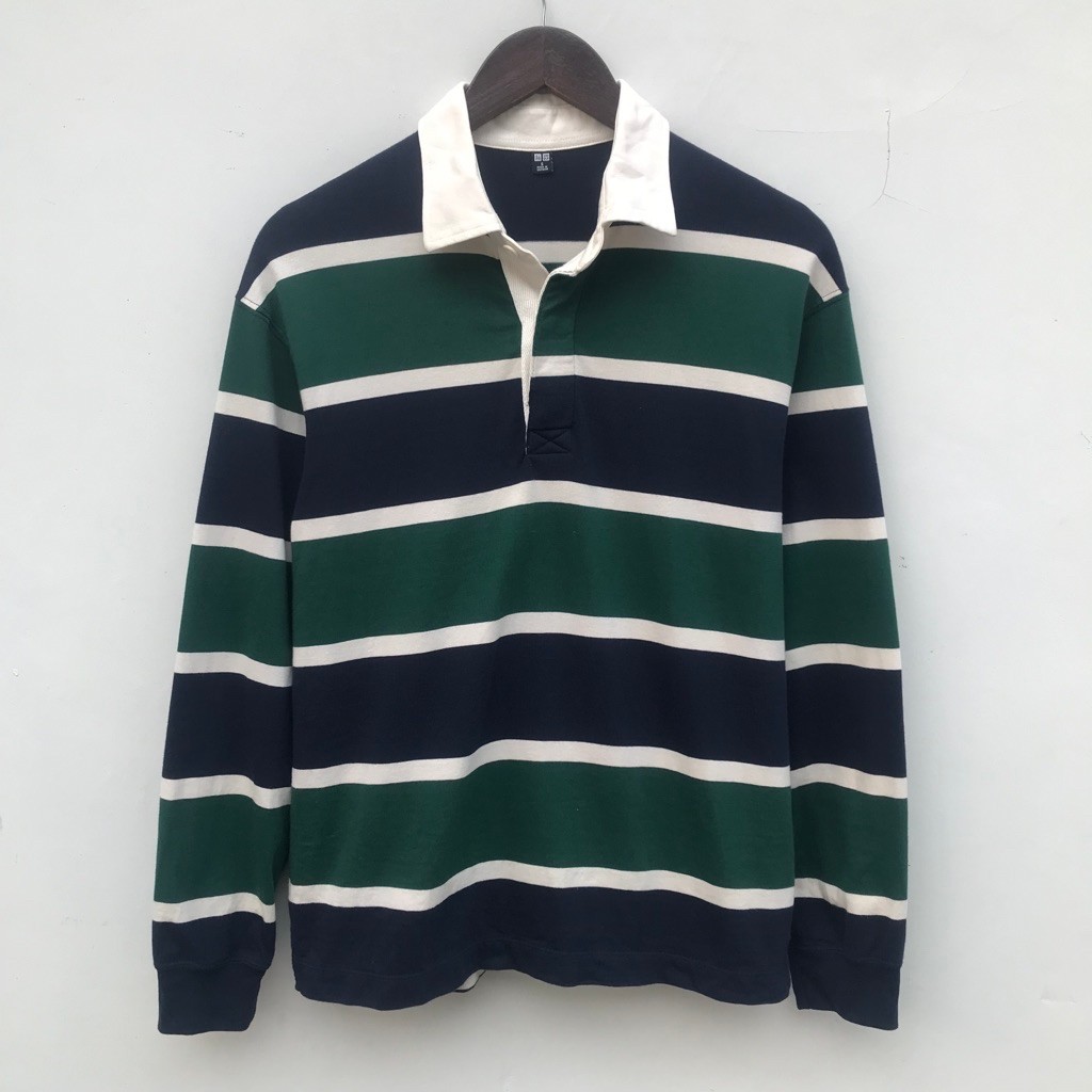 Kaos Kerah by Uniqlo Rugger Rugby Stripe Polo Shirt Navy/Green sz Small