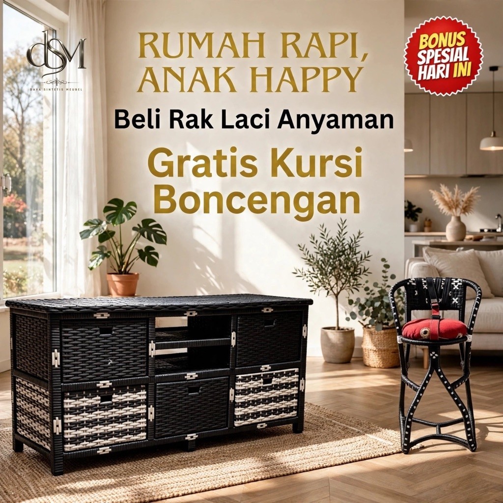 Rak Penyimpanan Mainan Anak Rottan Sintetis 5 Laci Besar FREE Kursi Boncengan Motor - Buvet TV Minim