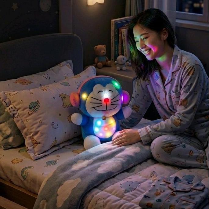 DB228 >> Boneka Doraemon pake headshet pink LED warna warni lucu dan imut Dolls