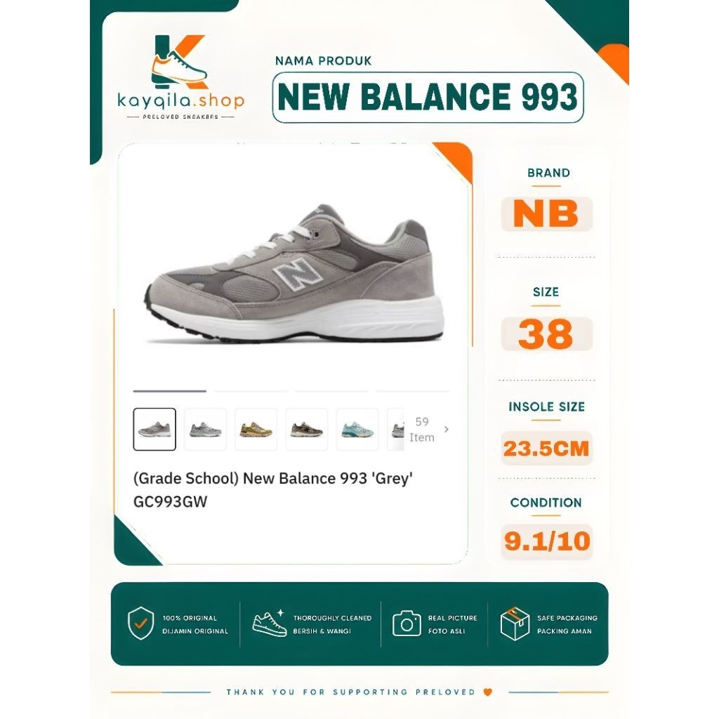 Sepatu Preloved Second Original New Balance NB 993 Size 38