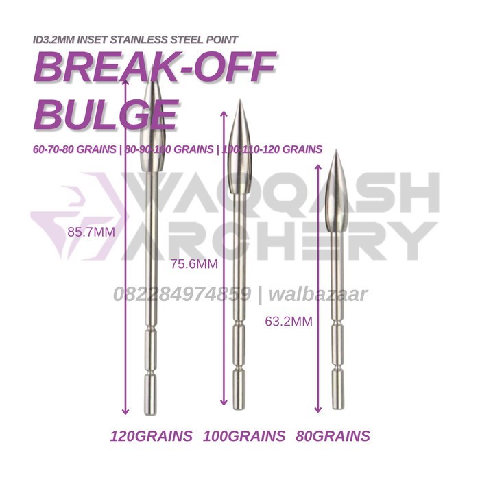 Break-off Point Arrow ID 3.2mm Stainless Steel Insert Bulge