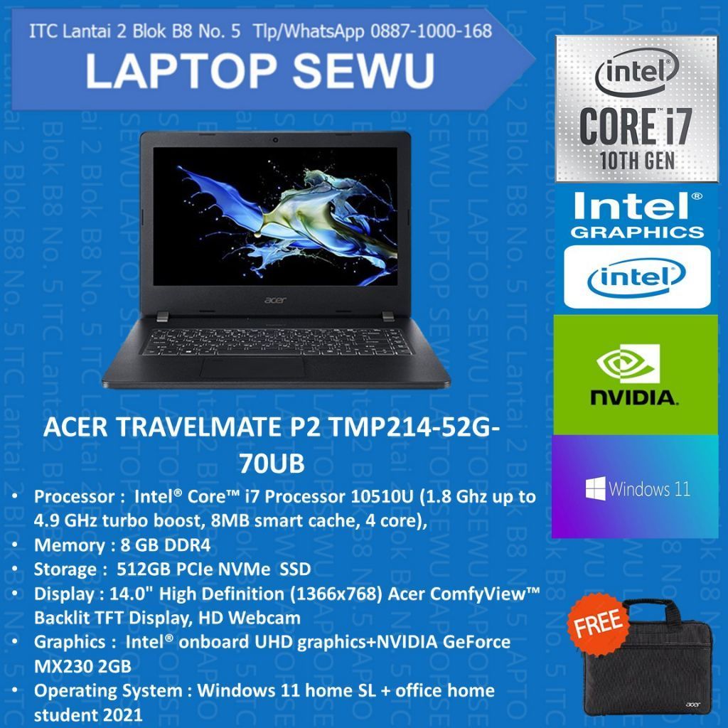 JUAL LAPTOP BARU MERK ACER TRAVELMATE P2 TMP214-52G-70UB INTEL CORE I7-10510U RAM 8GB SSD 512GB WIN 