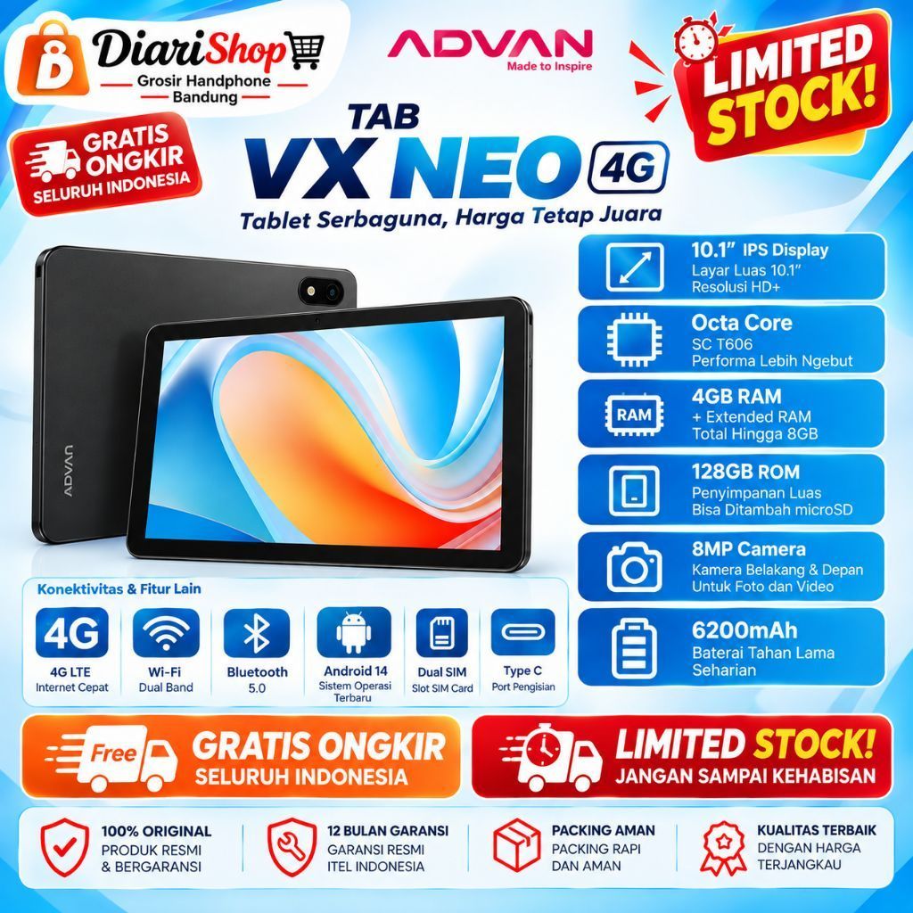 ADVAN VX NEO TAB 4G RAM 4GB 128GB 6.500mAh Tablet Murah Bisa SIM Card 4G