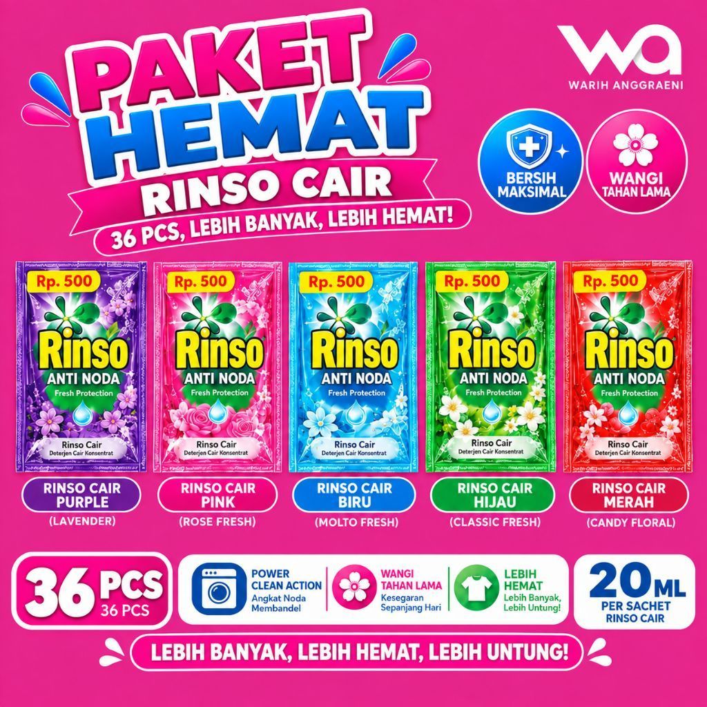 [36PCS] Rinso Liquid Cair kemasan 500an / Rinso Cair 500an / Deterjen Cair Rinso Liquid 36pcs 500an