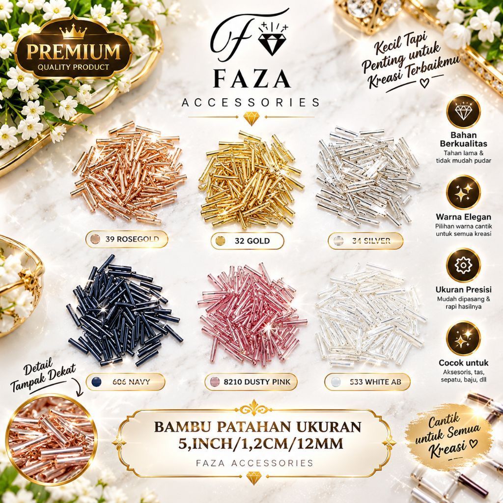 [25 GRAM] Payet Bambu 5 inch / 1,2cm / 12mm /Mote Bambu / Warna, Silver, Gold, Putih, Rosegold, Navy