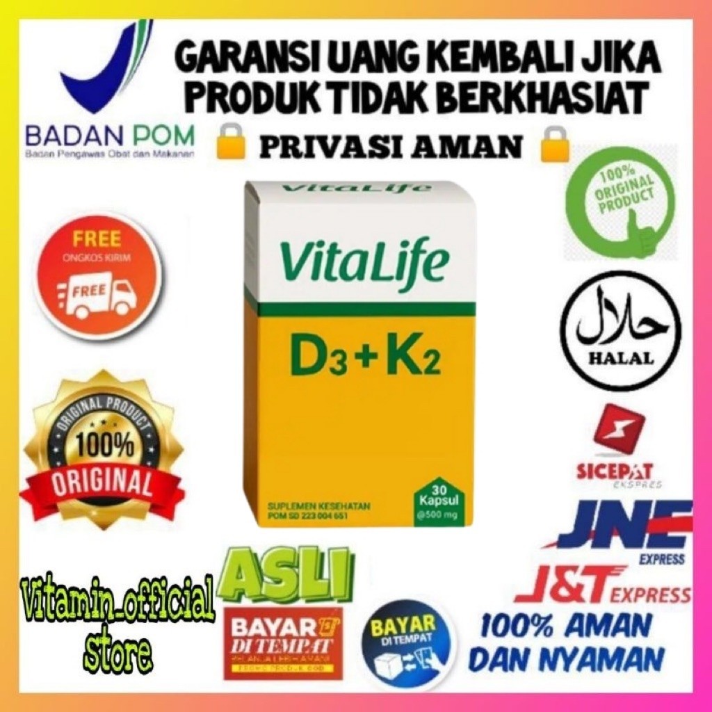 VitaLife D3+K2 Suplemen Kesehatan 30 Kapsul 500 mg Halal