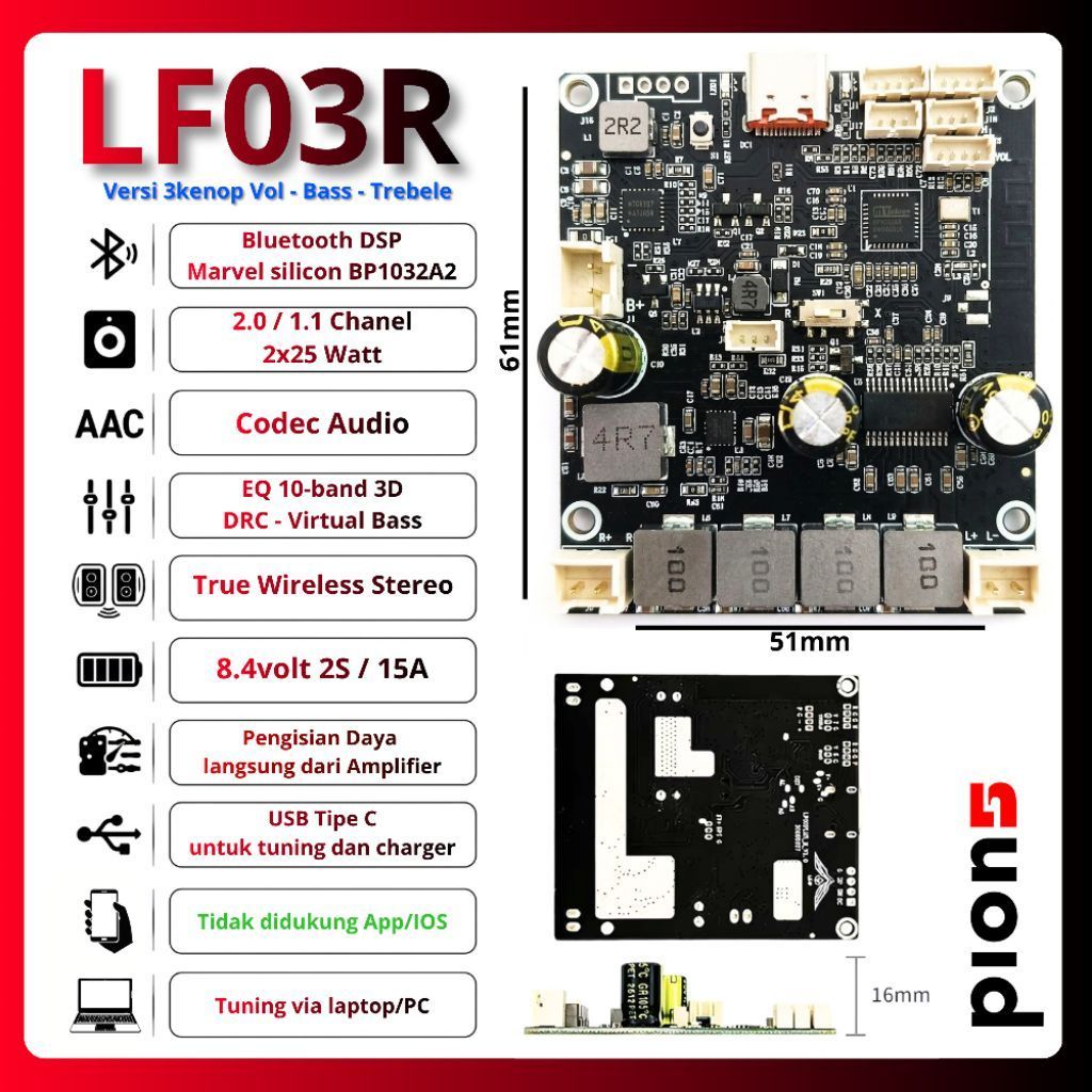 LF03R _ Amplifier Bluetooth Marvel Silicon 2x25 Watt 2.0 /1.1 Chanel [[ Versi 3 Kenop ]]