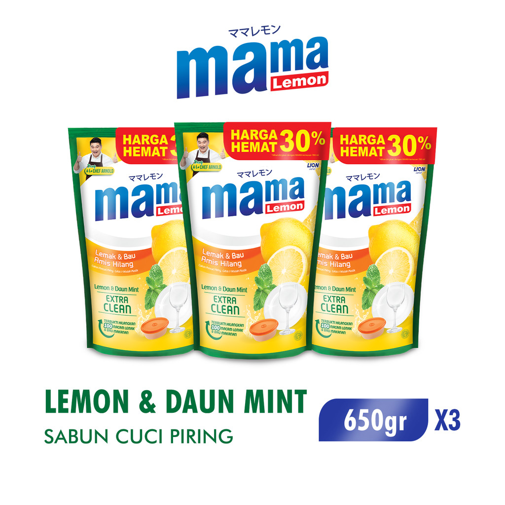 Mama Lemon Sabun Cuci Piring Daun Mint Pouch 650 gr x3