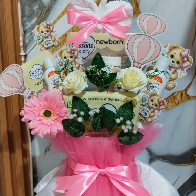 Buket Hadiah Bayi Baru Lahir Cossans Baby dengan Tisu dan Botol Sabun Bayi