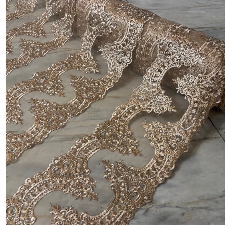 Bahan Kain Border Lace Payet Stone 8 baris susun /Tulle Tile Renda Bordir Payet Stone Exclusive Warn