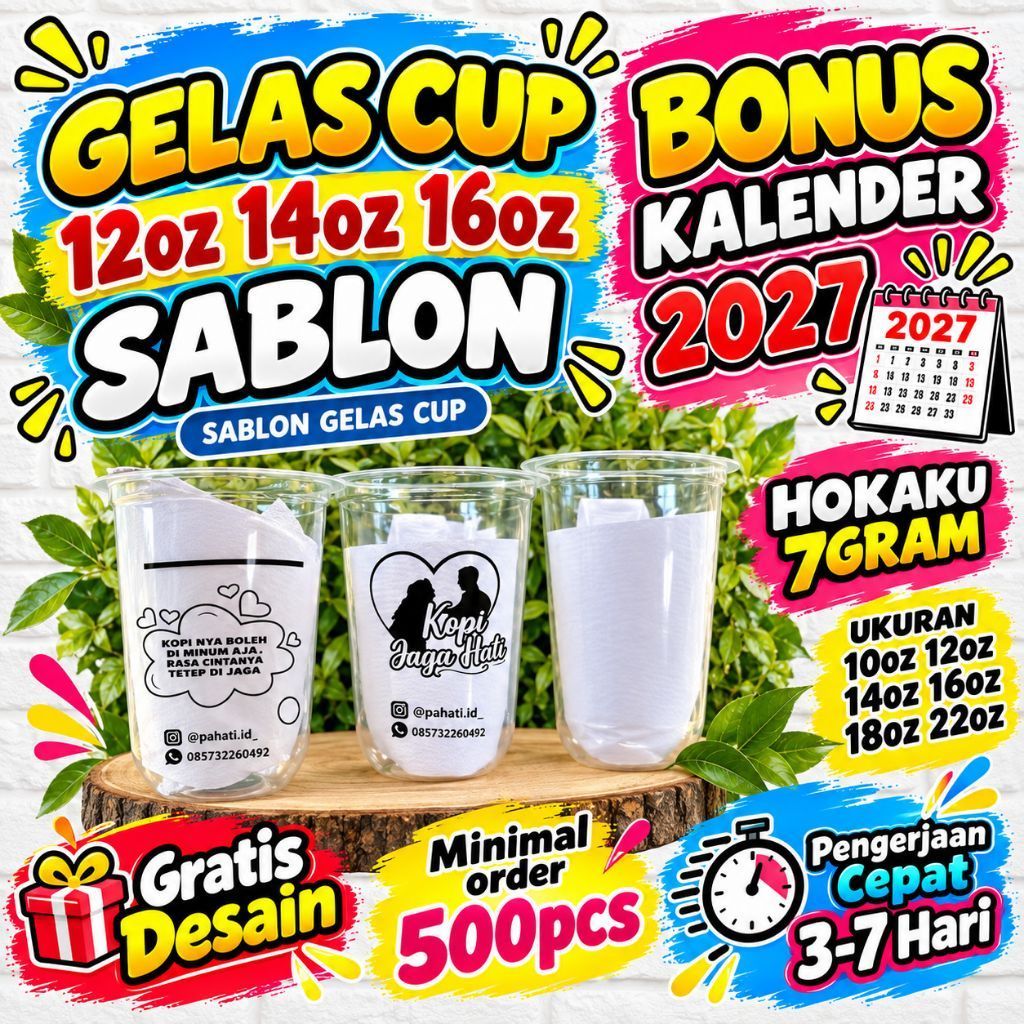 sablon gelas minuman cup oval 16oz 14oz 12oz hokaku 7 gram desain suka suka