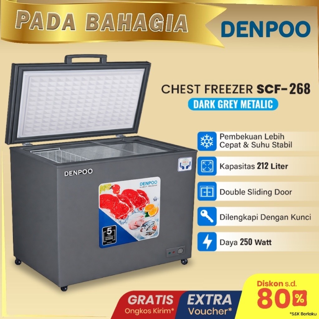 Chest Freezer / Freezer Box 212 Liter Denpoo SCF 268 CG Food Frozen