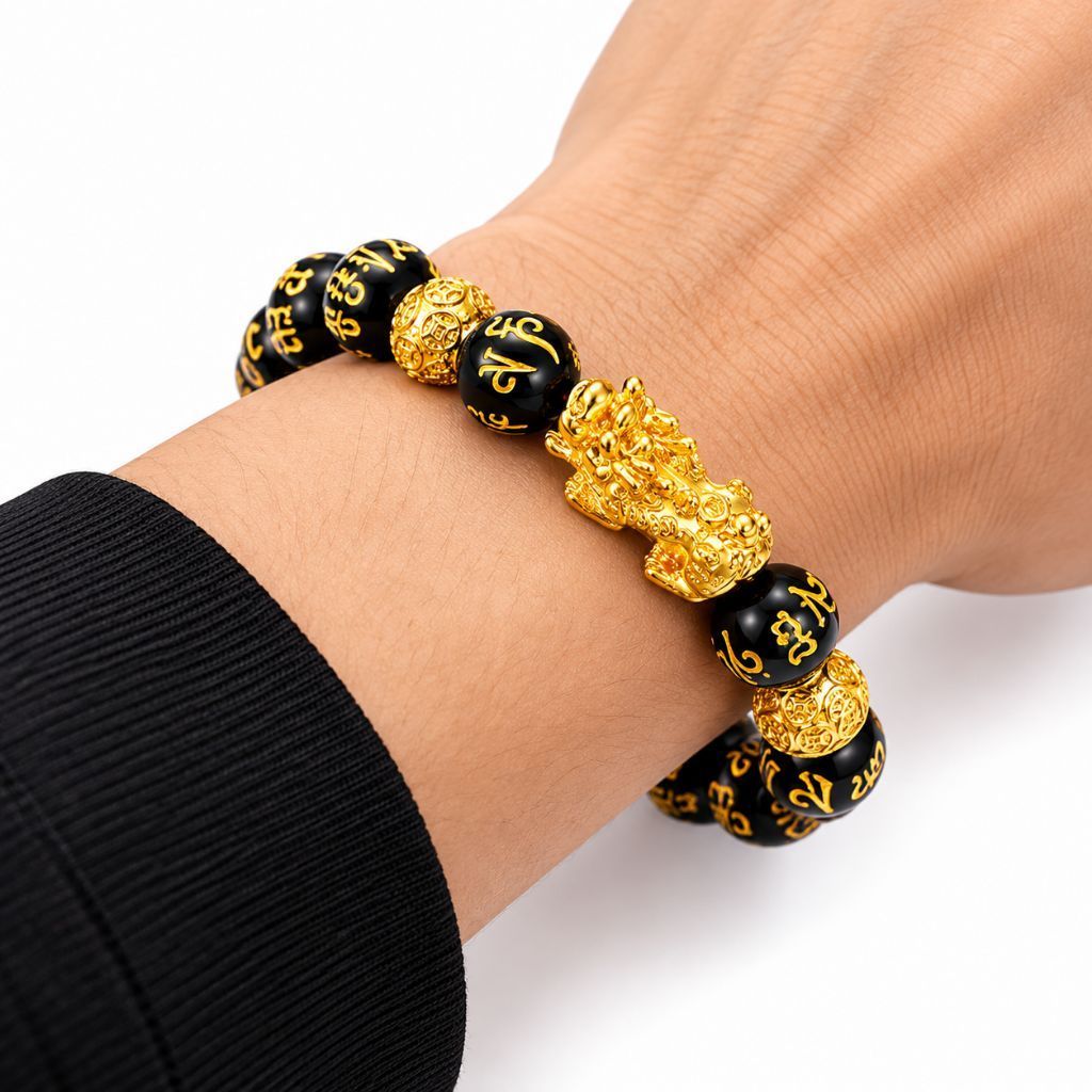 Gelang Pria Obsidian Hitam Ornamen Emas Pixiu Feng Shui Model Klasik
