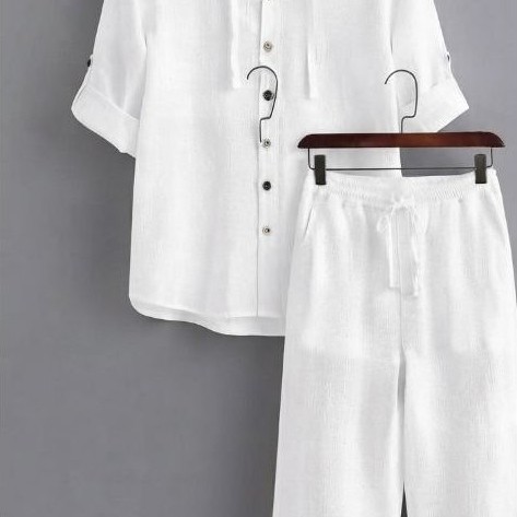 Jaya linen satu set baju kemeja Hoodie+celana panjang longgar pria dewasa katun linen