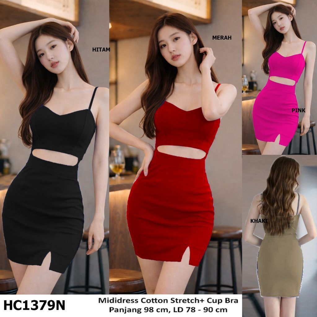 Mididress Wanita HC1379N Kain Katun Stretch dengan Bra Cup Tali Tipis Model Potongan Cincin