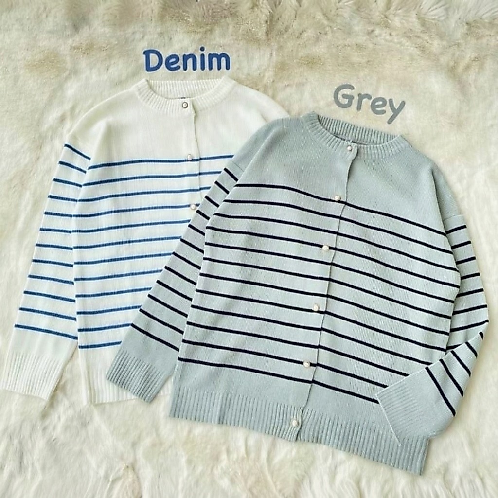 OFFICIAL CARDIGAN RAJUT HARU STRIP KANCING MUTIARA GAYA KOREA