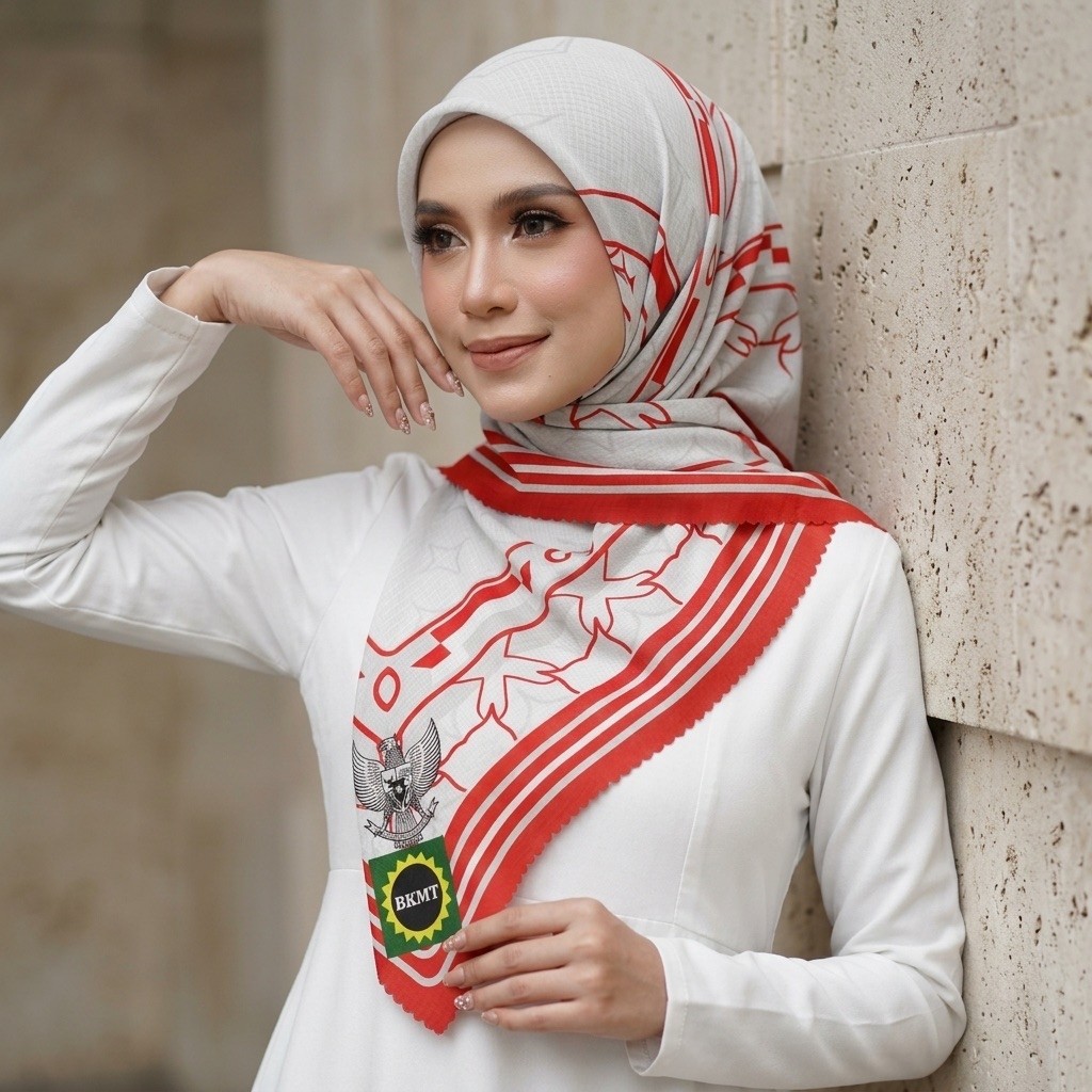 Jilbab BKMT - 011 Merah Putih - Hijab Voal Premium Lyvora – Segi Empat Adem, Laser Cut, Zipper Bag