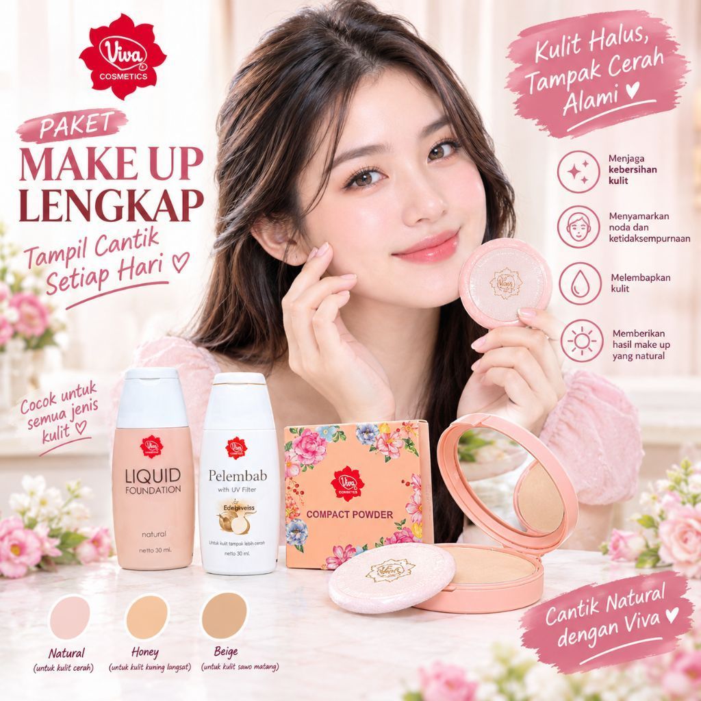 Paket make up viva 3in1 bedak natural+pelembab+foundation