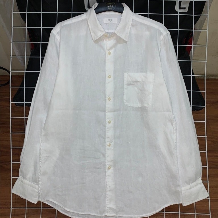 kemeja Uniklo linen putih polos lengan panjang pria preloved