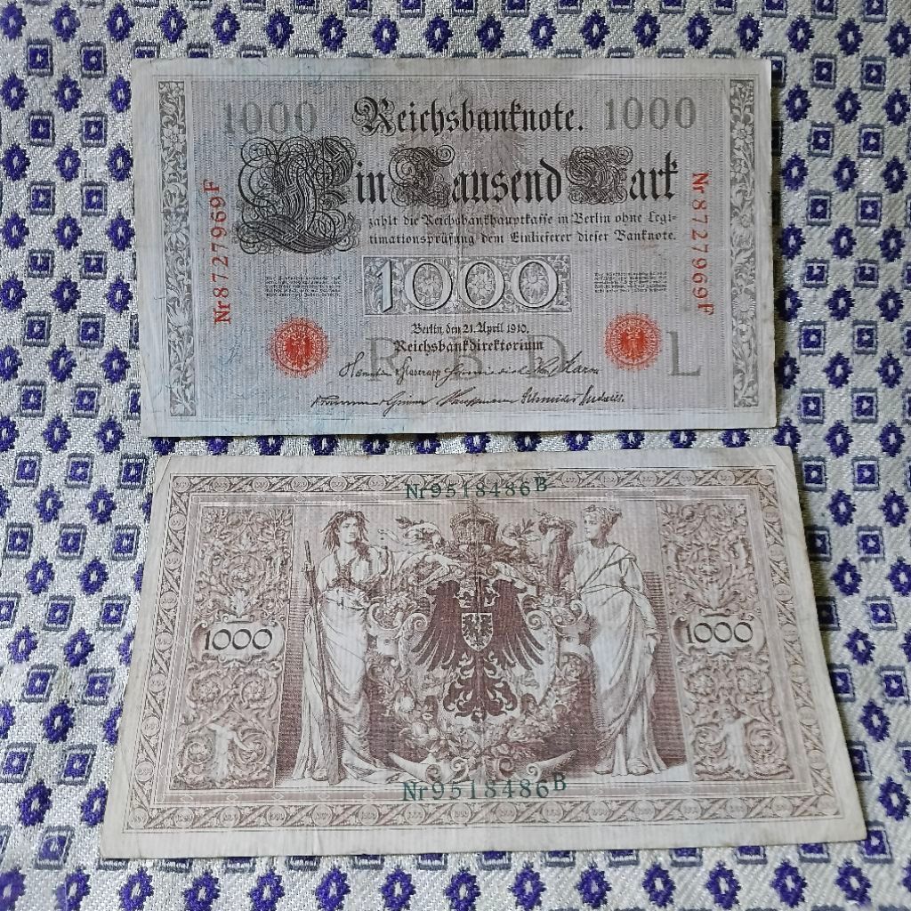Uang kuno jumbo Jerman 1000 Mark Tahun 1910 Asli
