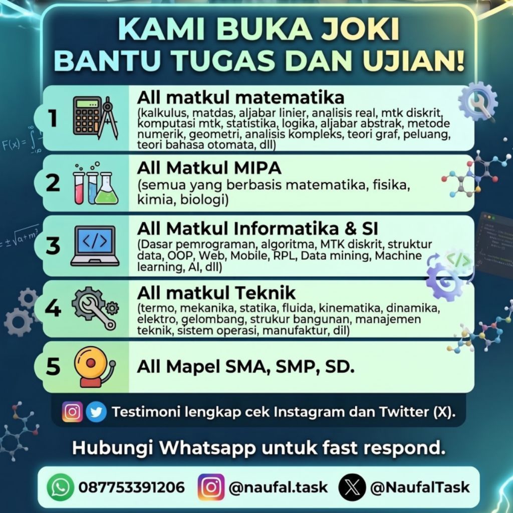 (BACA DESKRIPSI) Jasa Joki dan Bantu Tugas atau Ujian All Spess (all teknik, statistik, kalkulus, pe
