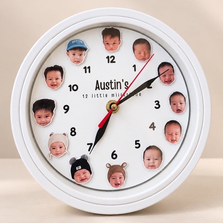Custom Baby Milestone Clock | Jam Dinding Foto Bayi 12 Bulan | Kado Baby & Birthday