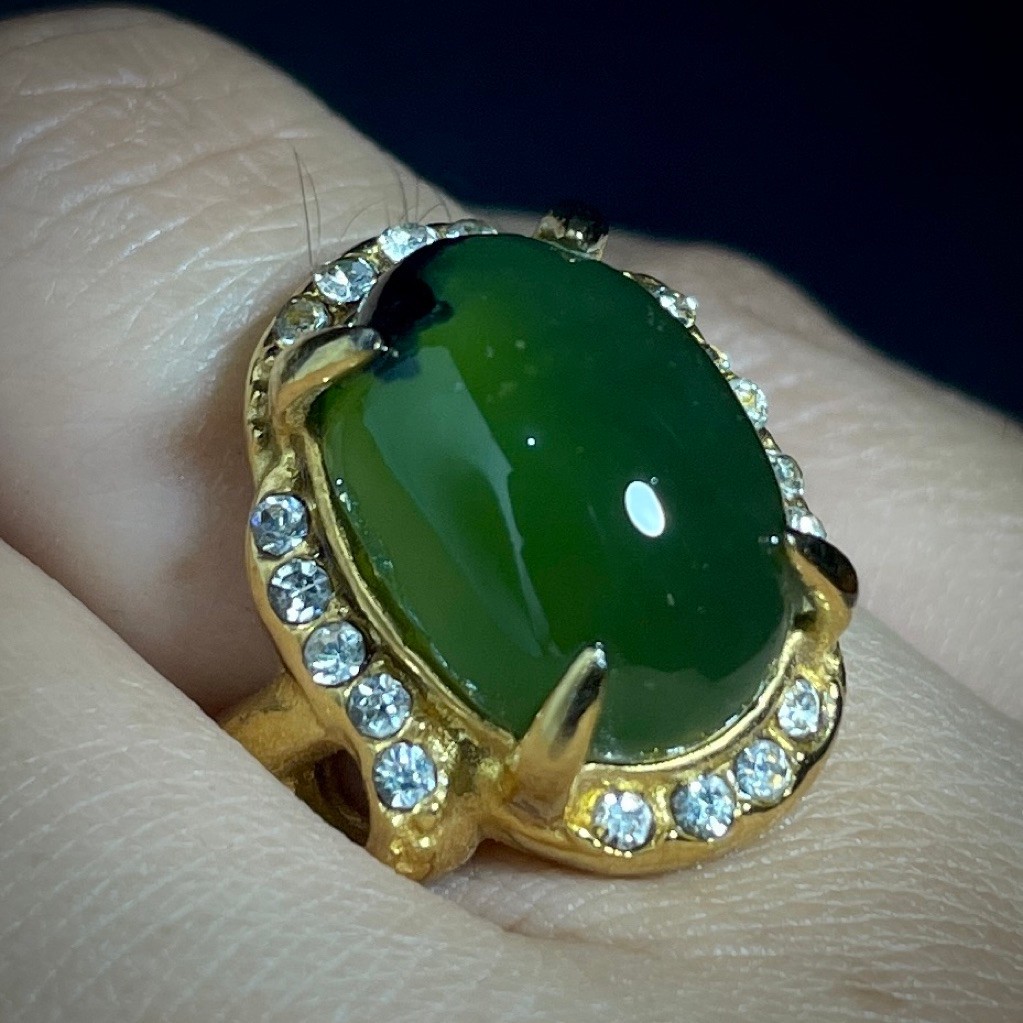 Cincin Batu Giok Aceh Idocrase Wanita Natural Batu Akik Hijau Ring Titanium Emas Elegan Size 6.5 Bat