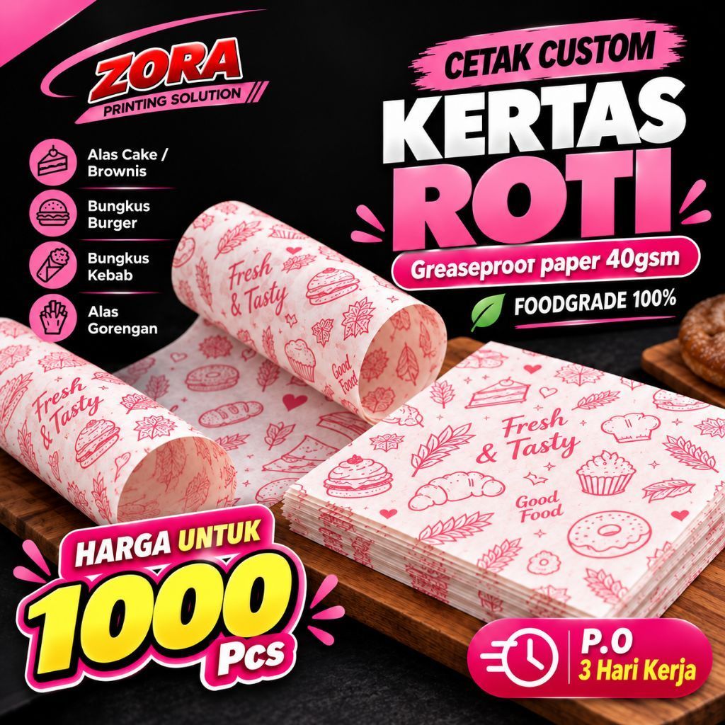 CUSTOM Kertas Roti Foodgrade 1000 PCS / cetak kertas roti custom / cetak logo / burger / kertas pemb