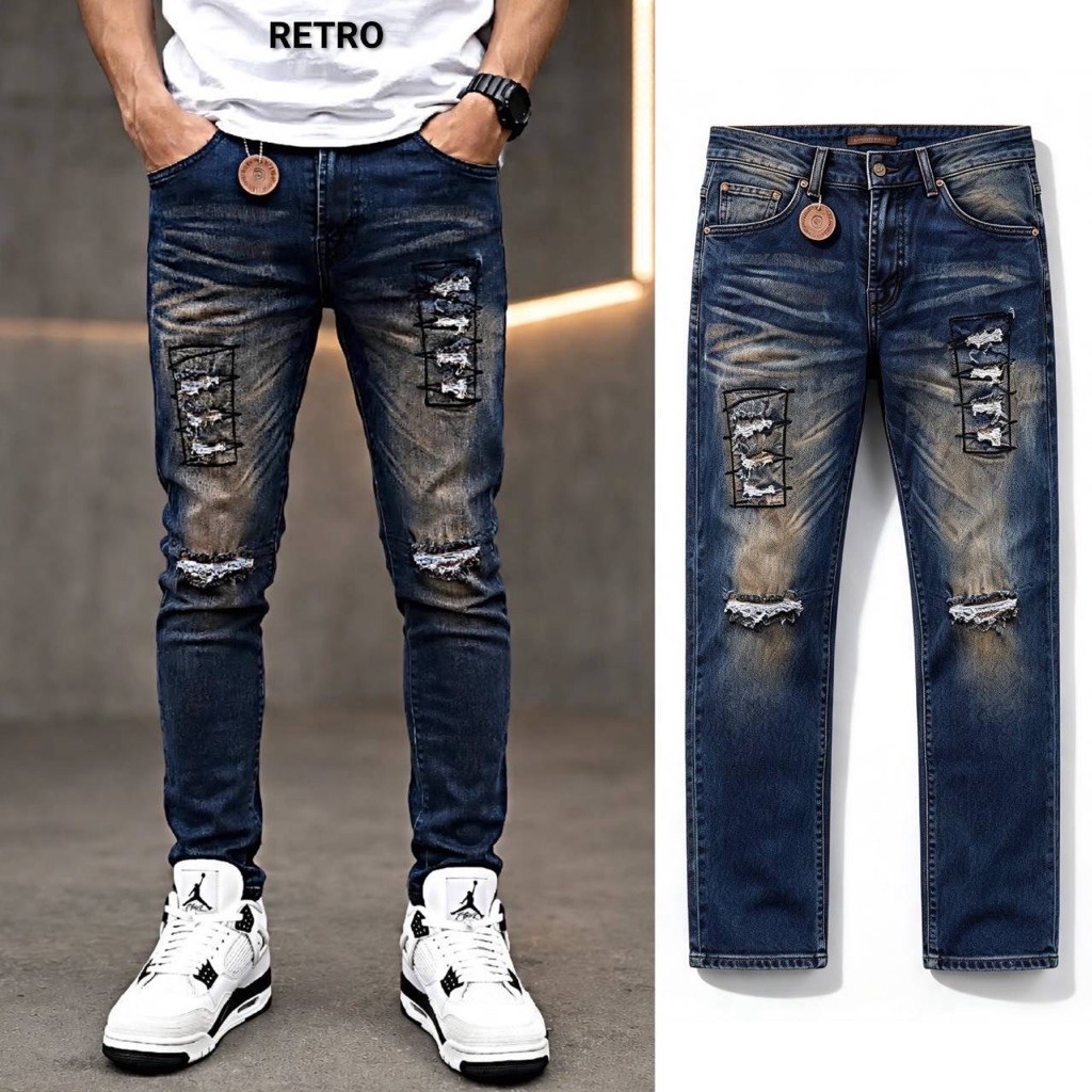 Celana Jeans Pria Sobek Bikers Petir Retro
