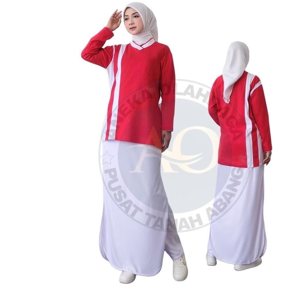 Um57 Gjk-25 Setelan Olahraga Muslimah Wanita Warna Merah Putih Baju Lengan Panjang & Rok Sporty Nyam