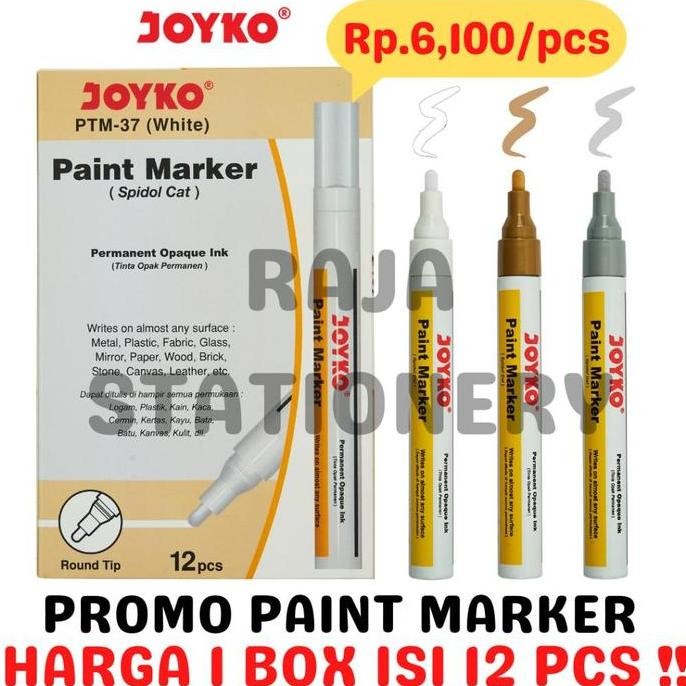 JOYKO PERMANENT PAINT MARKER WHITE GOLD SILVER BLACK SPIDOL KACA CAT PUTIH EMAS ABU HITAM [12PCS]
