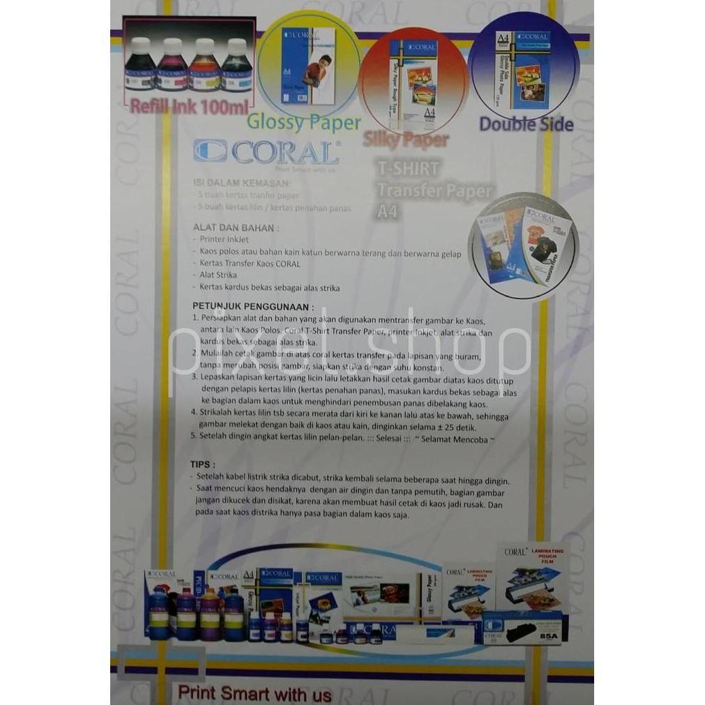 

ready !!! Kertas T-Shirt Transfer Paper Kaos Dark A3 CORAL Tshirt Transfer Dark
