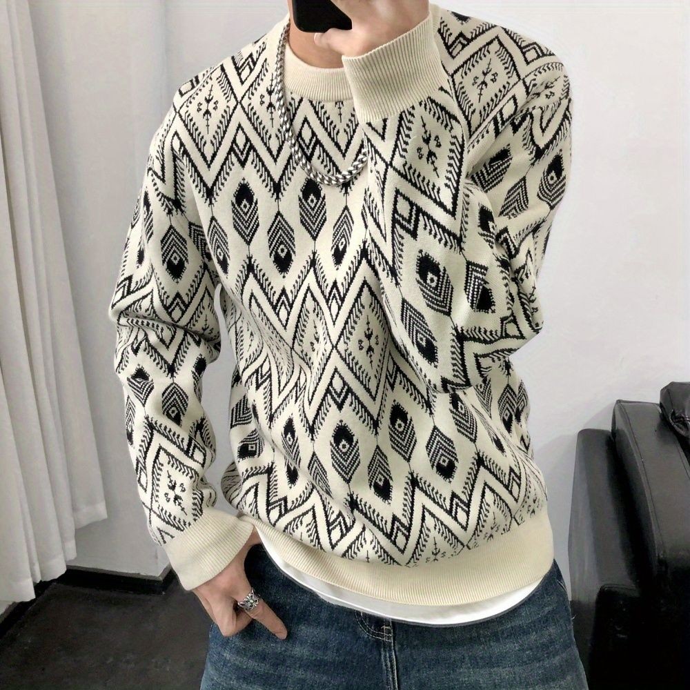 Sweater Rajut Kerah Bulat Cetak Kotak-Kotak Merek Retro Trendy Pria
