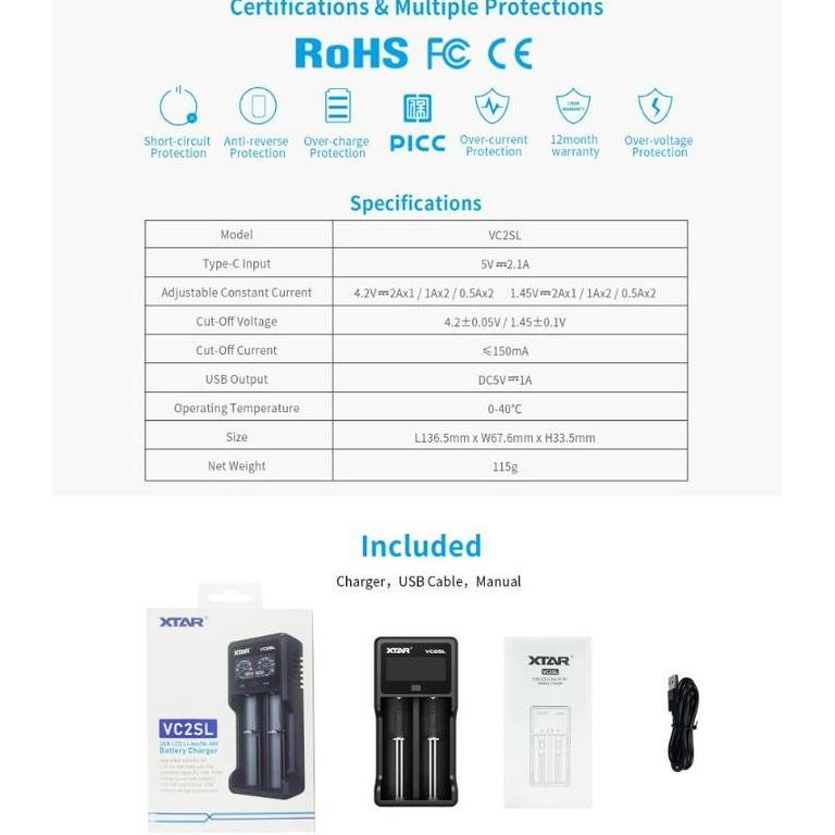 Xtar Vc2Sl Charger, Protected 21700, Usb C, Power Bank Function
