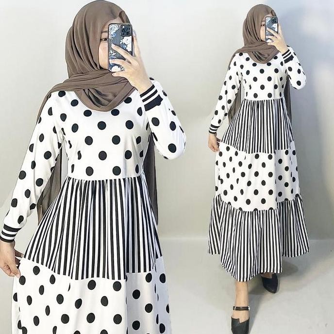 DY30 - Gamis Polkadot Kombinasi Salur Hyget Super Maxy Dress Perempuan