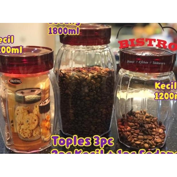 Toples Set 3Pcs Kaca Bistro Bo186 2Kecil 1Sedang Tempat Kuewadah Permen Kedap Udara Ter