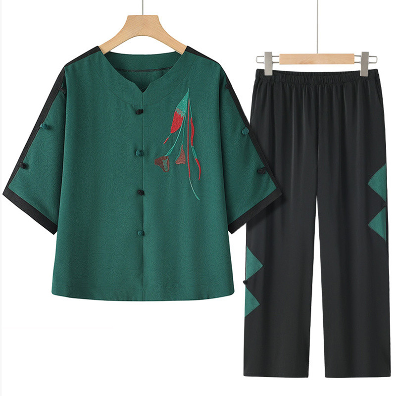 Pakaian Musim Panas Wanita Paruh Baya dan Lansia Set Dua Potong Nenek Pakaian Wanita Tua Setelan Mus