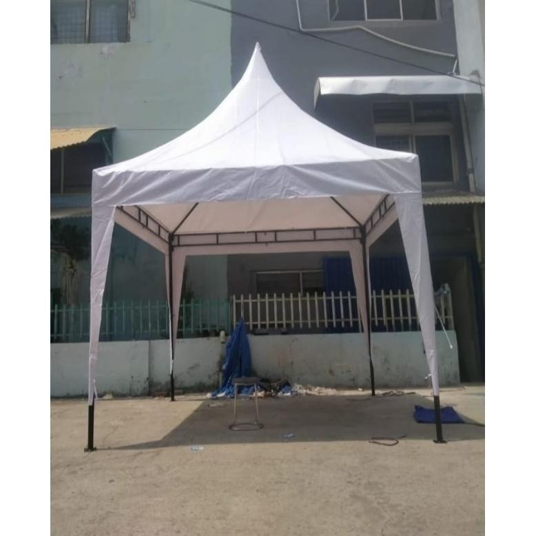 Tenda kerucut ukuran 2x2 3x3 4x4 rangka dobel deck bahan atap pvc uno 410 gsm semi karet