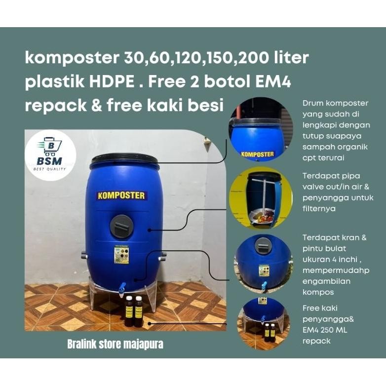 Drum komposter/tong sampah/drum sampah organik/poc 30,60,120,150,200 liter HDPE free kaki besi