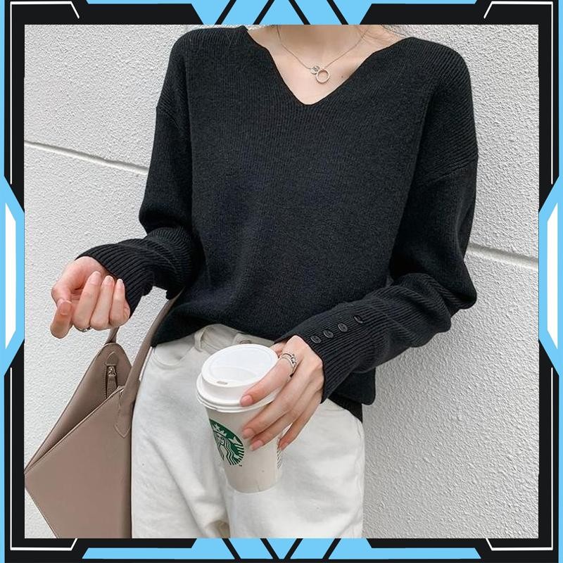 Termurah V-Leher Sweater Versi Korea Warna Solid Rajutan Lengan Panjang Sweater Temperamen Fashion K
